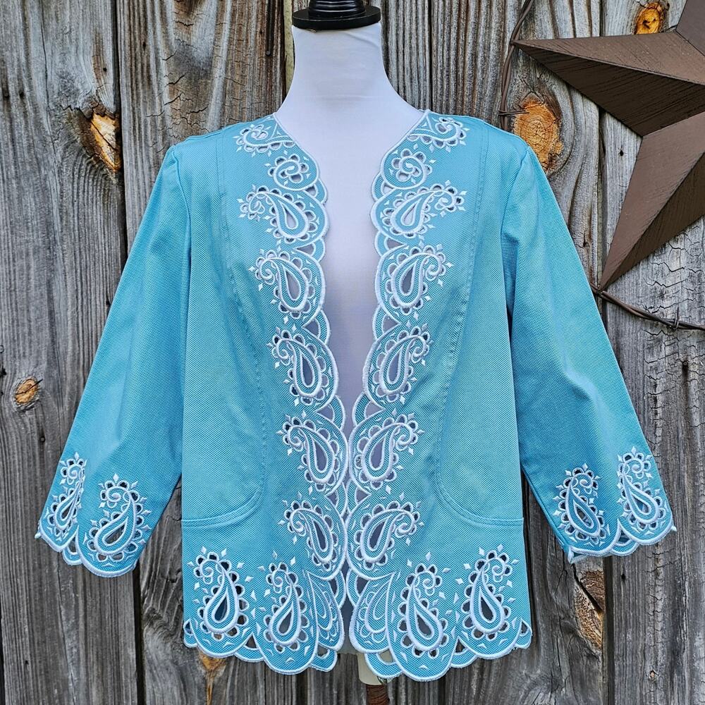 Bob Mackie Blazer Large Stretch Jacket White Paisley Scallop Edge Blue Embroider